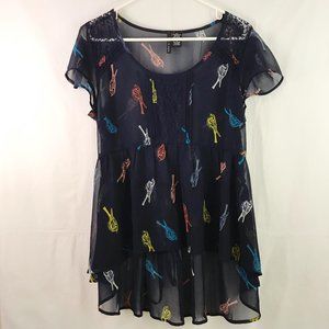 Fire LA Sheer Bird Print Babydoll Top